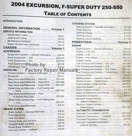 2004 Ford F250 F350 F450 F550 Super Duty Truck & Excursion Factory WorkShop Manual Table of Contents 2