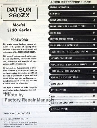 1981 Datsun 280ZX Turbo Service Manual Table of Contents