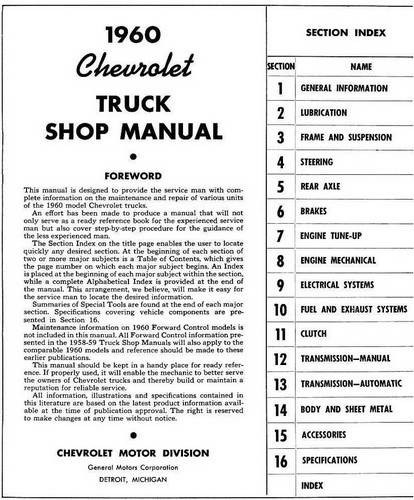 1960 Chevrolet Truck Shop Manual Table of Contents