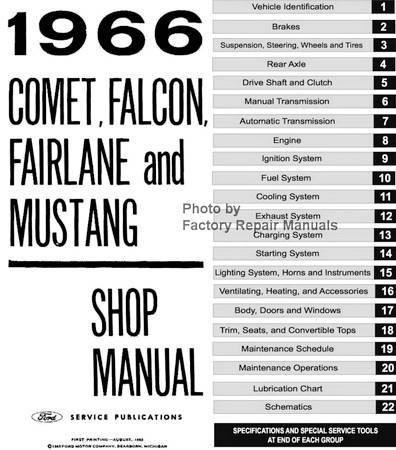 1966 Comet, Falcon, Fairlane and Mustang Shop Manual Table of Contents