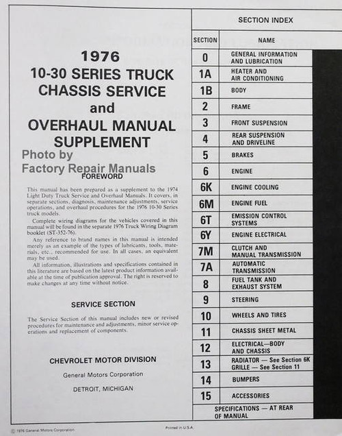 1976 Chevrolet Light Duty Truck Service and Overhaul Manual Supplement Table of Contents