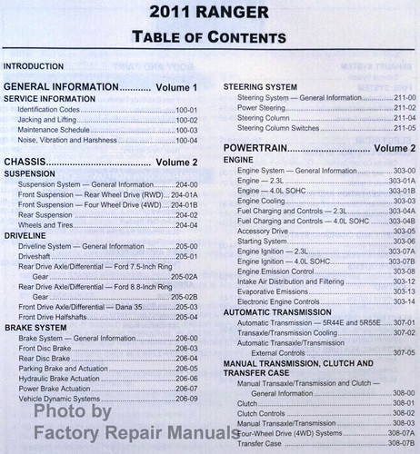 2011 Ford Ranger Workshop Manual Table of Contents 1