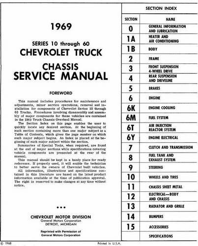 1969 Chevy Chevrolet Truck Chassis Service Manual Models 10-60 Table of Contents