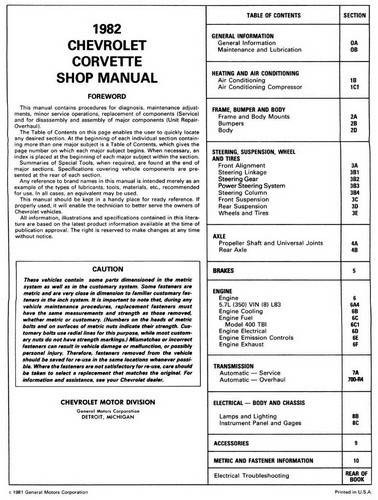 1982 Chevrolet Corvette Shop Manual Table of Contents