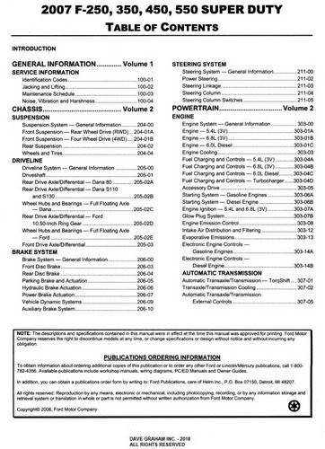 2007 Ford F250 F350 F450 F550 Super Duty Workshop Manual Table of Contents 1