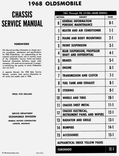 1968 Oldsmobile 442, F-85, Vista Cruiser, Cutlass, Delmont, Delta, Ninety Eight, Toronado Chassis Service Manual