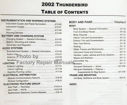 2002 Ford Thunderbird Workshop Manual Table of Contents 2
