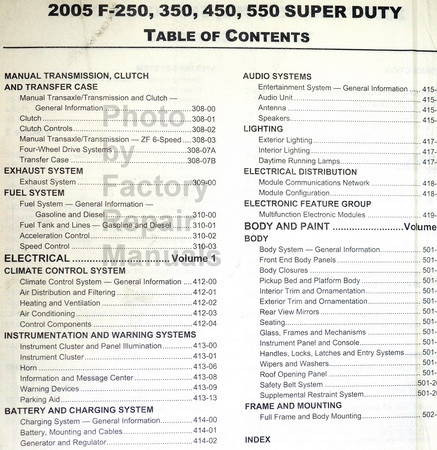 2005 Ford F250 F350 F450 F550 Super Duty Workshop Manuals Table of Contents Page 2
