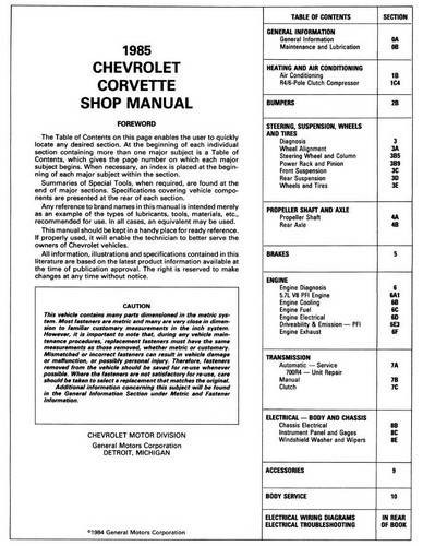 1985 Chevrolet Corvette Shop Manual Table of Contents