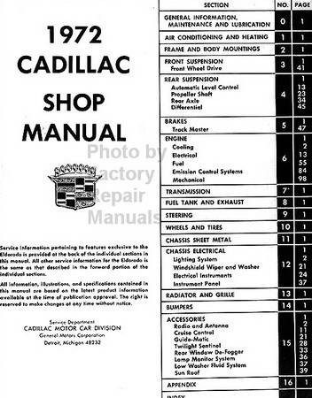 1972 Cadillac Shop Manual Table of Contents