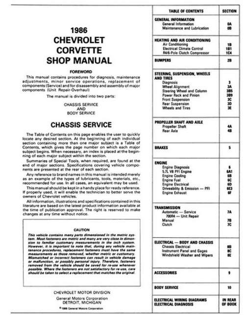 1986 Chevrolet Corvette Shop Manual Table of Contents