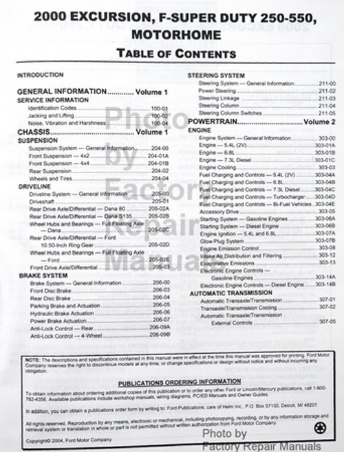 2000 Ford F250 F350 F450 F550 Super Duty Truck & Excursion Service Manuals Table of Contents One