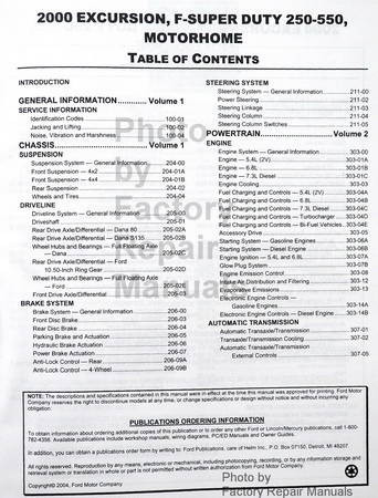 2000 Ford F250 F350 F450 F550 Super Duty Truck & Excursion Service Manuals Table of Contents One