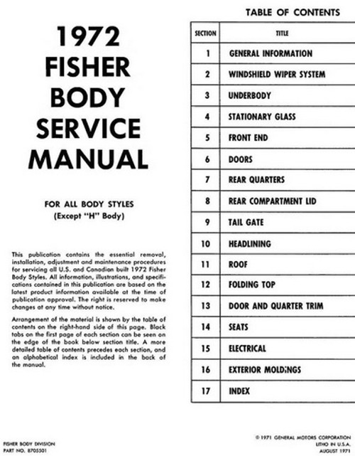 1972 Pontiac Fisher Body Manual Table of Contents