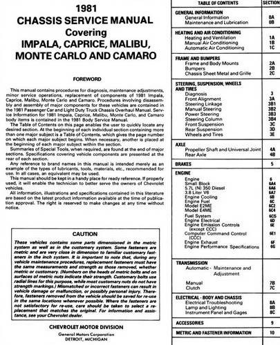 1981 Chevrolet Impala Caprice Camaro Malibu Monte Carlo Service Manual