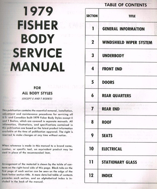 1979 Fisher Body Service Manual Table of Contents