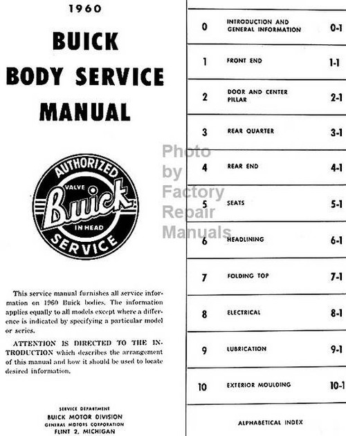 1960 Buick Body Service Manual Table of Contents