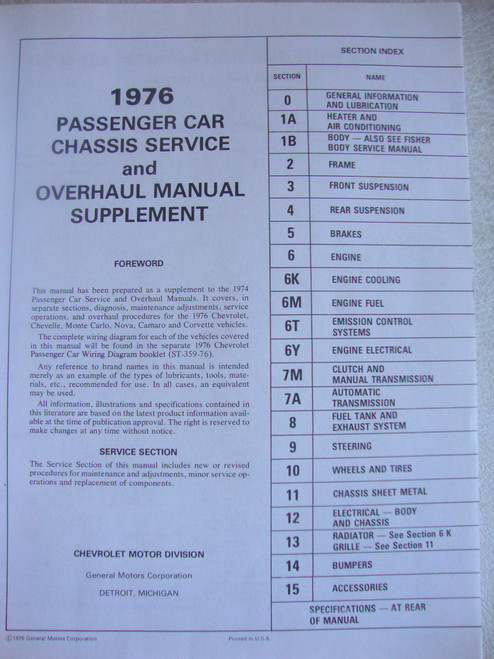 1976 Chevrolet Chevelle, Camaro, Monte Carlo, Nova, Corvette Service and Overhaul Manual Table of Contents