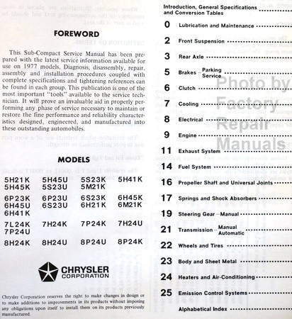 1977 Dodge Colt Plymouth Arrow Service Manual Table of Contents