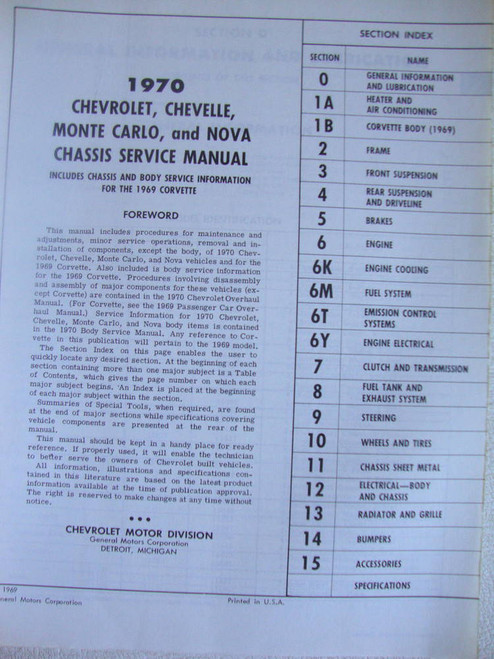 1970 Chevrolet Bel Air, Camaro, Corvette, Monte Carlo, Chevelle Chassis Service Manual Table of Contents