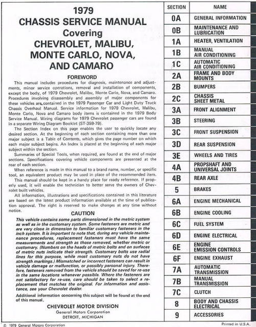 1979 Chevrolet Camaro Malibu Monte Carlo Nova Service Manual Table of Contents