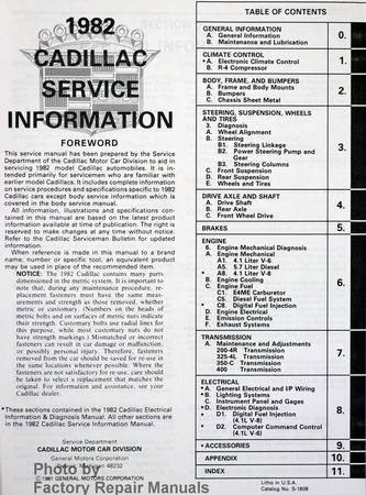 1982 Cadillac Service Manual Table of Contents