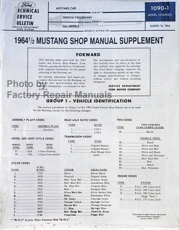 1964 1/2 Ford Mustang Factory Shop Manual Supplement