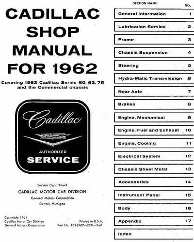 1962 Cadillac Shop Manual Table of Contents