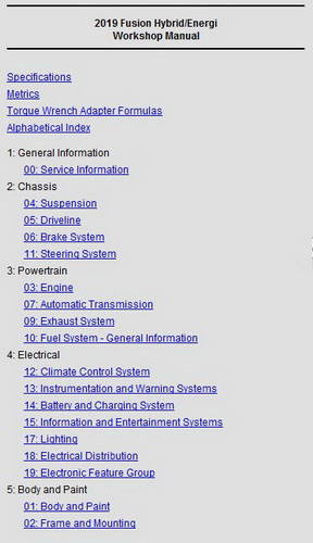 2019 Ford Fusion Hybrid, Energi Service Information Table of Contents