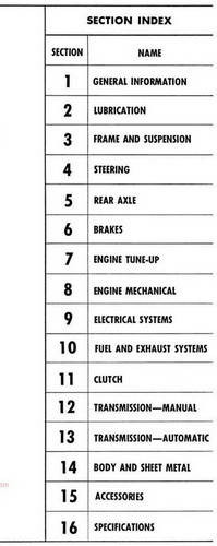1962 Chevy Passenger Car Shop Manual Supplement Table of Contents