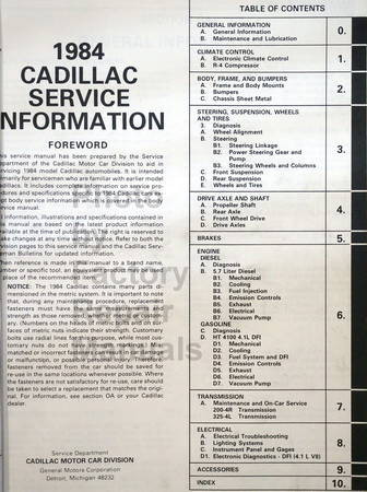 1984 Cadillac Service Manual Table of Contents