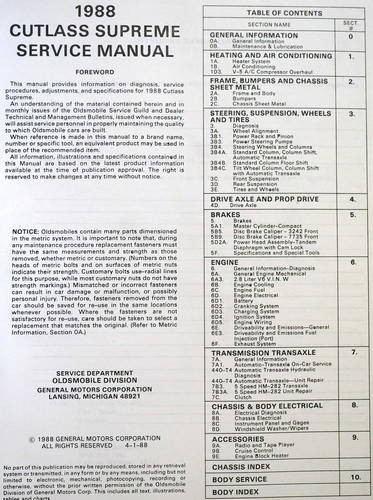 1988 Oldsmobile Cutlass Supreme Service Manual 