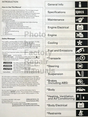 2002-2004 Honda CR-V Service Manual Table of Contents