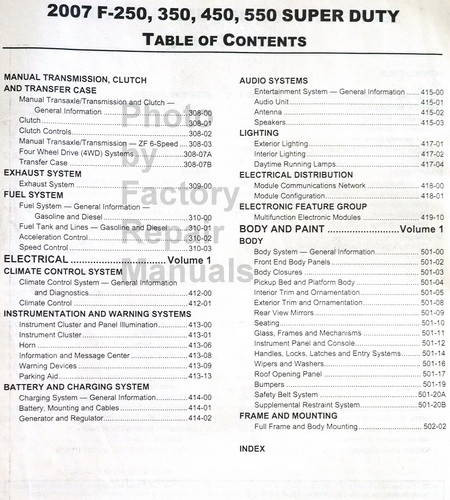 Ford 2007 F-250, 350, 450, 550 Super Duty Workshop Manual Table of Contents 2