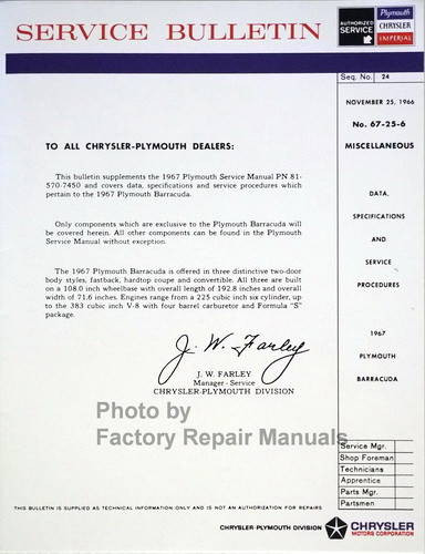 1967 Plymouth  Barracuda Service Bulletin
