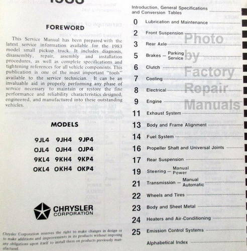 1983 Dodge Ram 50 Service Manual Table of Contents