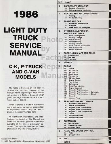 1986 GMC Light Duty Truck Service Manual Table of Contents