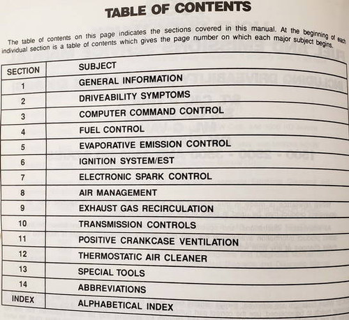 1992 GMC Light Truck Van SUV Fuel and Emissions Service Manual Table of Contents