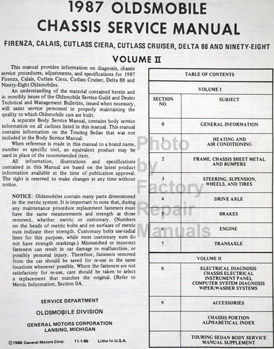 1987 Oldsmobile 98 Calais Ciera Delta 88 Firenza Service Manual Table of Contents