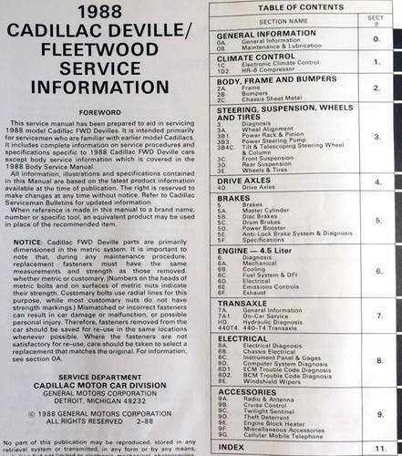 1988 Cadillac Deville/Fleetwood Service Information Manual Table of Contents