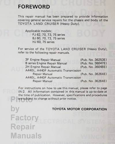 1984 1985 Toyota Land Cruiser HD Chassis Body Repair Manual Applications and Publications