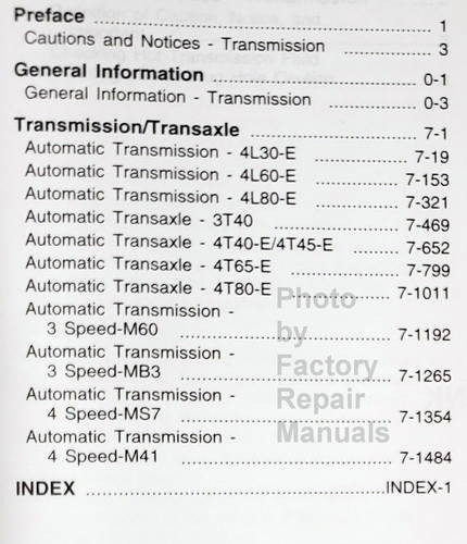 2001 GM Car and Truck Automatic Transmission Repair Overhaul Manual Table of Contents