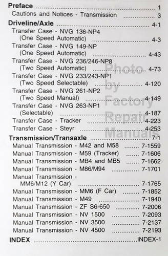 2001 GM Car and Truck 4x4 Transfer Case and Manual Transmission Repair Overhaul Manual Table of Contents