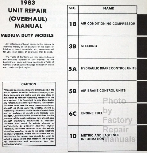 1983 Medium Duty Truck Unit Repair Manual Table of Contents