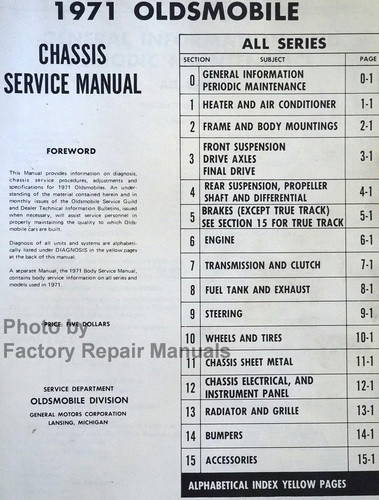 1971 Oldsmobile F85, Vista Cruiser, Cutlass, 442 Delta 88, Ninety Eight, Tornado Chassis Service Manual Table of Contents