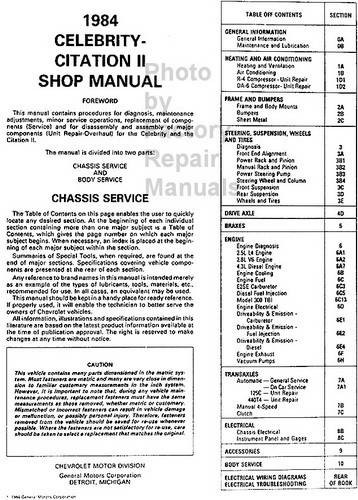 1984 Chevrolet Celebrity/Citation II Shop Manual Table of Contents