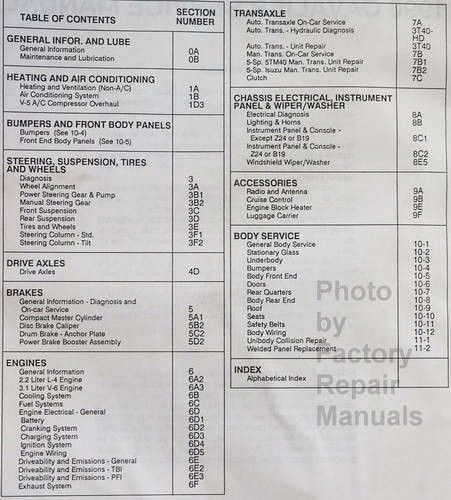 1990 Chevrolet Cavalier Service Manual Table of Contents