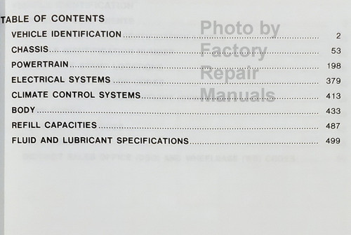 1986 Ford Light Duty Truck Specifications Book Table of Contents
