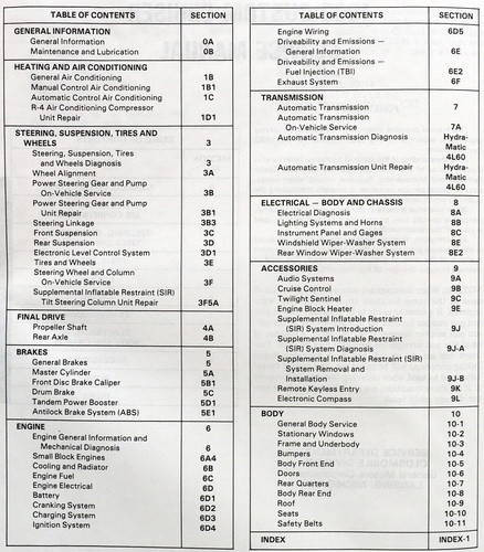 1992 Oldsmobile Custom Cruiser Service Manual Table of Contents