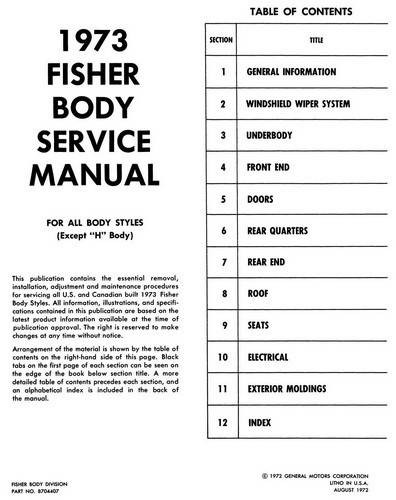 1973 Fisher Body Service Manual Table of Contents